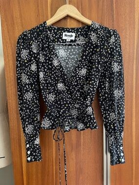 Rouje Black Floral Wrap Peplum Blouse with Yellow Accents